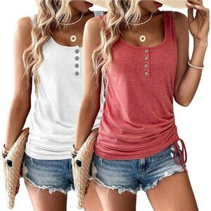 Womens Sleeveless Henley Tank Tops 2 Pack Button V Neck Drawstring Shirts